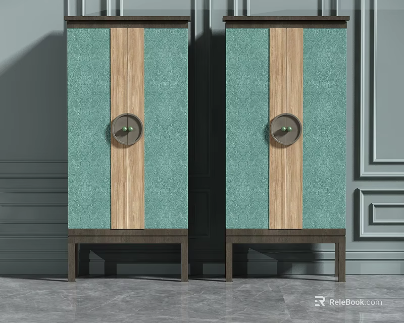 Modern Green Double Wardrobes Design With Wooden Stripes And Round Metal Knobs 3d model