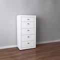 White Hallway Side Cabinet with Five Drawers Modern Design Against Grey Wall on Wooden Floor