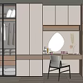 Modern Dressing Table with Backlit Round Mirror Skincare Products Chair and Wooden Cabinets