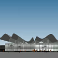 Modern Museum Building With Wave shaped Roof Glass Curtain Wall Water Reflection And Palm Trees