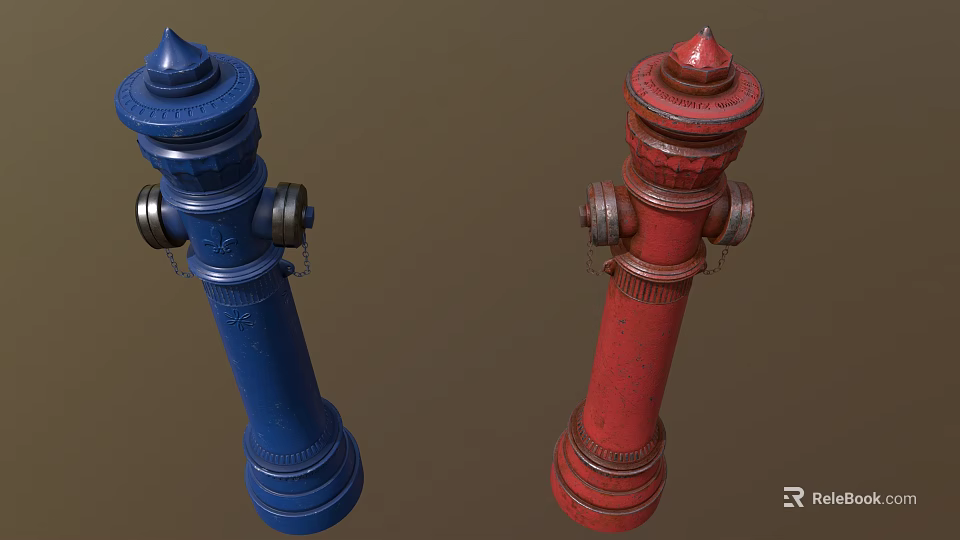 Blue and Red Fire Hydrants with Vintage Design Metal Valves on Brown Background 3d model 