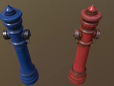 Blue and Red Fire Hydrants with Vintage Design Metal Valves on Brown Background 3d model