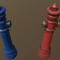 Blue and Red Fire Hydrants with Vintage Design Metal Valves on Brown Background