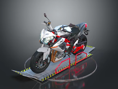 White And Red Modern Sport Motorcycle With Sleek Body Black Wheels On Display Stand 3d model