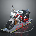 White And Red Modern Sport Motorcycle With Sleek Body Black Wheels On Display Stand