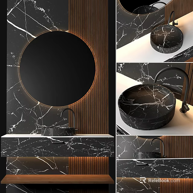 Elegant Modern Marble Washbasin With Round Mirror Faucet And Wooden Backdrop 3d model 