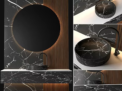 Elegant Modern Marble Washbasin With Round Mirror Faucet And Wooden Backdrop 3d model