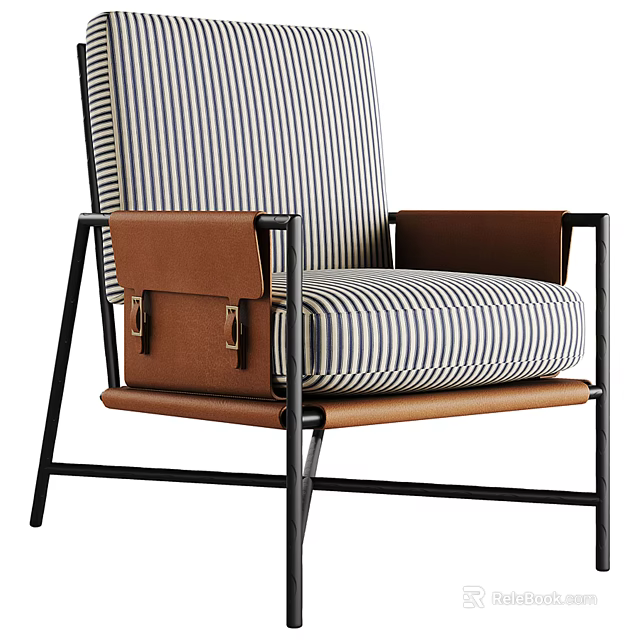 Modern Striped Fabric Single Sofa With Brown Leather Accents And Black Metal Frame 3d model 