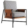 Modern Striped Fabric Single Sofa With Brown Leather Accents And Black Metal Frame
