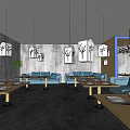 Stylish Restaurant Interior With Wooden Tree Decor Blue Sofas And Pendant Lights 3d model