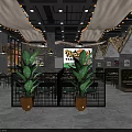 Modern Restaurant Interior With Unique Ceiling Pendant Lights Black Metal Partitions And Green Plants