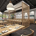 Modern Minimalist Restaurant Interior With Wooden Partitions Dining Tables Chairs Wall Decor And Beverage Cooler