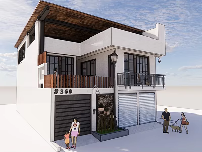 Detached House With White Exterior Brown Roof Garage House Number 369 And People At Entrance 3d model