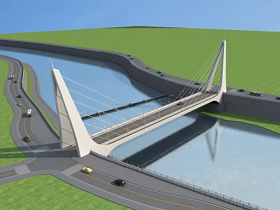 Modern Cable Stayed Bridge Spanning River With White Structural Towers Green Grassland And Road Vehicles 3d model