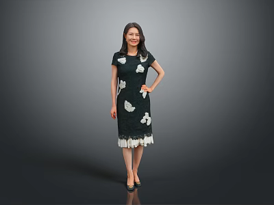 Woman in Green Dress With White Floral Patterns And Lace Hem Standing Against Gray Background 3d model