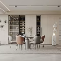Modern Restaurant Interior With Dining Table Colored Chairs Wine Cabinet And Decorative Plant