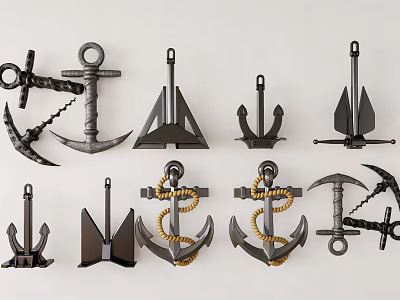 Various Types of Industrial Equipment Anchors with Metal Construction and Rope Details 3d model