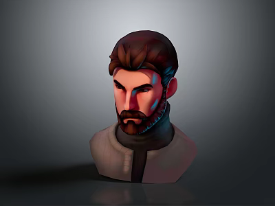 Realistic Man with Brown Hair Beard 3D Model Head in Light-Colored Outfit on Gray Background 3d model