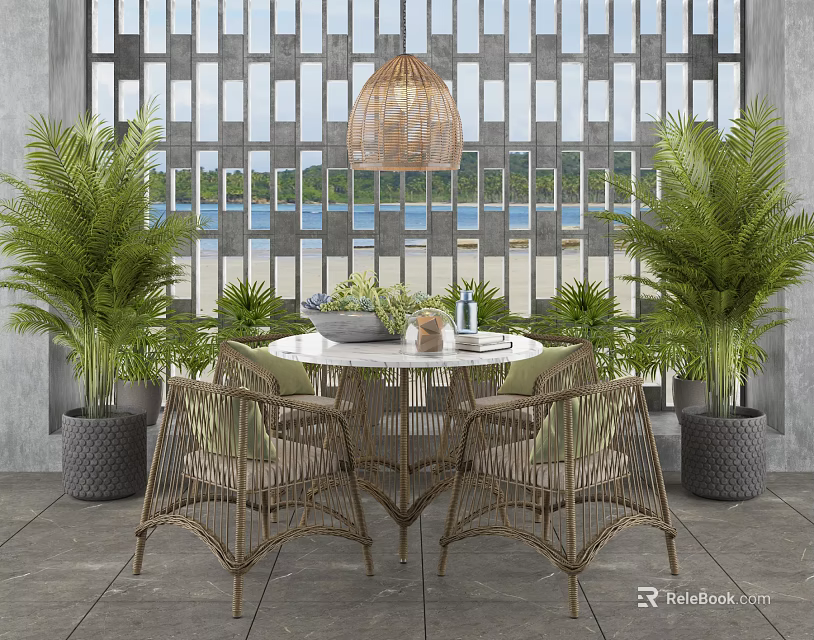 Outdoor Table With Marble Top Wicker Chairs Green Plants Rattan Pendant Light And Sea View 3d model 
