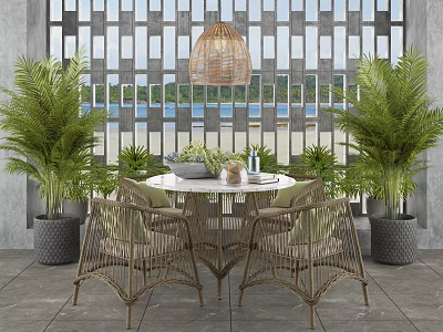 Outdoor Table With Marble Top Wicker Chairs Green Plants Rattan Pendant Light And Sea View 3d model