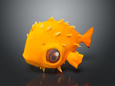 Cute Yellow Puffer Fish With Big Eyes Spikes And Orange Tail 3d model
