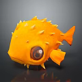 Cute Yellow Puffer Fish With Big Eyes Spikes And Orange Tail