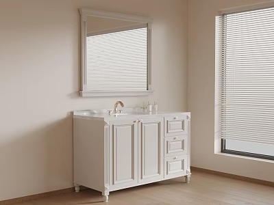 White Modern Bathroom Vanity Cabinet with Mirror Storage Drawers and Window Blinds 3d model