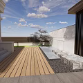 Modern Roof Courtyard Garden With Outdoor Sofa Umbrella Wooden Deck And Green Plants