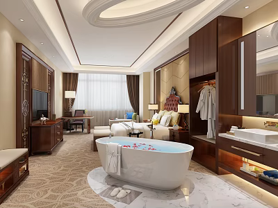 Elegant Hotel Guest Room Interior With Bathtub Comfortable Bed Wardrobe Desk And TV 3d model
