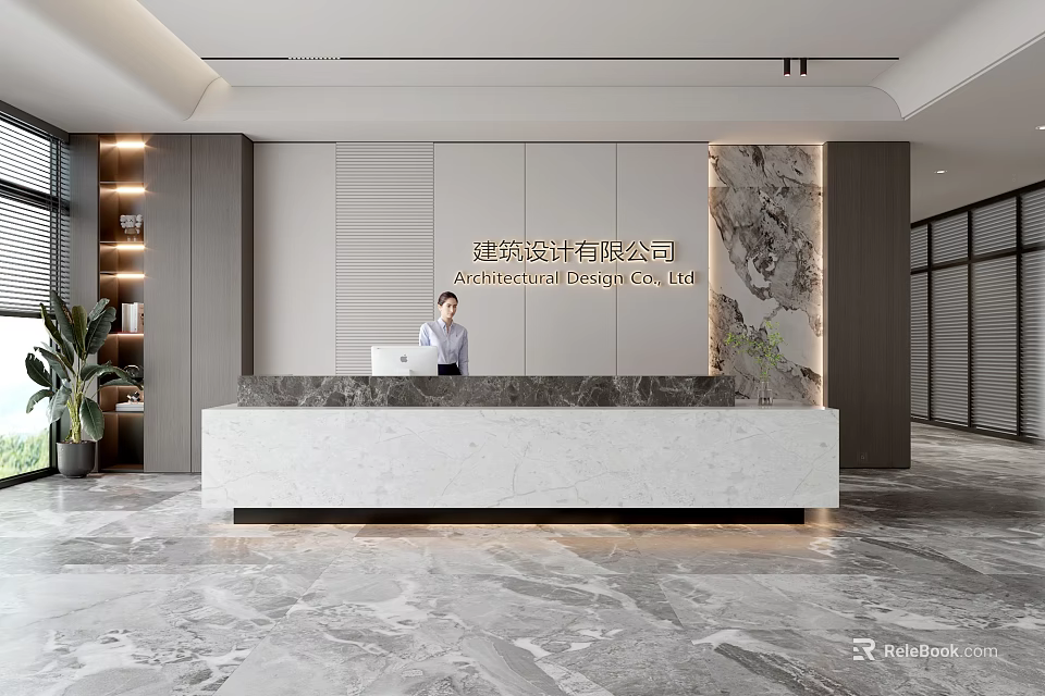 Modern Elegant Front Desk Reception Interior With Marble Countertop Company Name Sign And Plants 3d model 