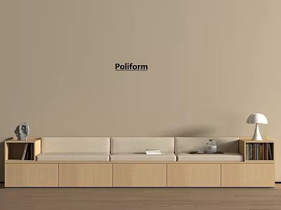 Beige Banquette Sofa With Wooden Storage Cabinets Side Bookshelves And Decorative Table Lamp 3d model