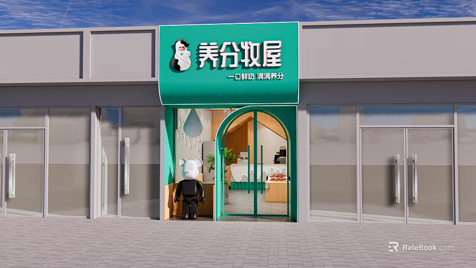 Modern Beauty Storefront Design With Green Signage Arched Doorway Cartoon Figure And Glass Doors 3d model 
