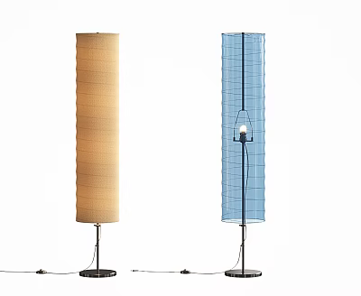 Modern Floor Lamps With Beige Cylindrical Fabric Shade And Blue Grid Pattern Shade On Black Base 3d model