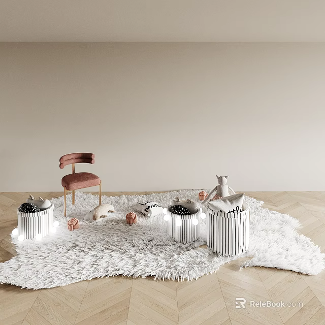 Soft White Stylish Rug With Pink Chair Cylindrical Containers And Plush Toys On Wooden Floor 3d model 