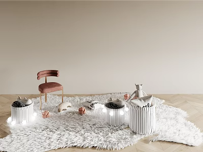 Soft White Stylish Rug With Pink Chair Cylindrical Containers And Plush Toys On Wooden Floor 3d model