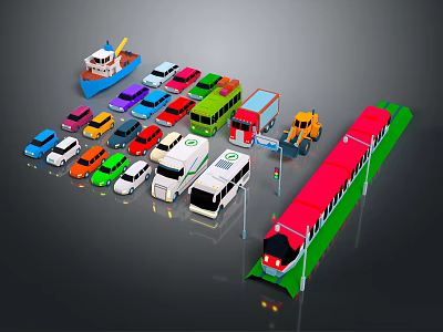 Colorful Toy Vehicles Including Cars Buses Trucks And Train With Traffic Light And Boat 3d model