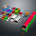 Colorful Toy Vehicles Including Cars Buses Trucks And Train With Traffic Light And Boat