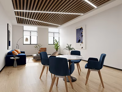 Modern Lounge Area With Blue Sofa Chairs Round Table Wooden Ceiling Slats And Plants 3d model