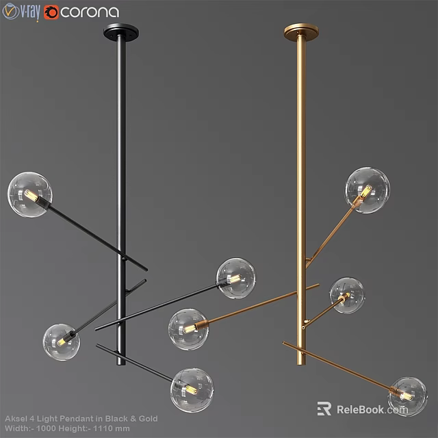 Modern Chandelier With Black And Gold Metal Frames And Transparent Spherical Bulbs 3d model 