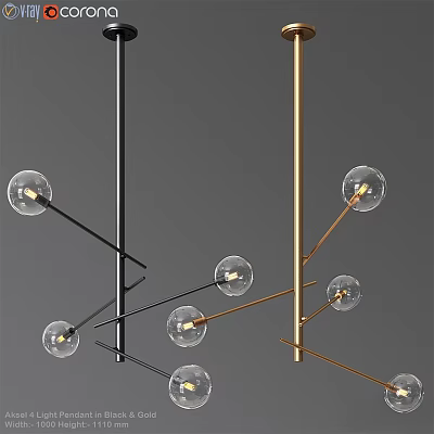 Modern Chandelier With Black And Gold Metal Frames And Transparent Spherical Bulbs 3d model