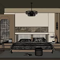 Chinese Modern Bedroom Interior With Wooden Bed Frame Pendant Light And Wardrobe