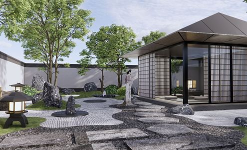 New Chinese Courtyard Zen Courtyard Garden rockery White Gravel Ting Step Water Bowl Dry Landscape Pavilion Tea Table and Chair Tea Table 3d model