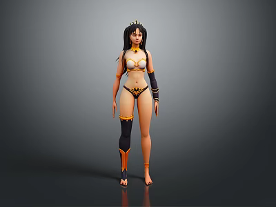 3D Fantasy Female Character With Golden Headdress Black Hair And Decorative Armor 3d model