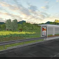 Public Bus Stop Facility by Road with Farmland Trees Hills and Sunset Sky