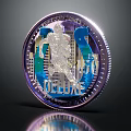 Silver Deluxe Jewelry Coin with Athlete Design and City Skyline Details