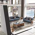 Modern Luxurious Living Room Navy Blue Sofa With Orange Throw Pillows And Wooden Coffee Table