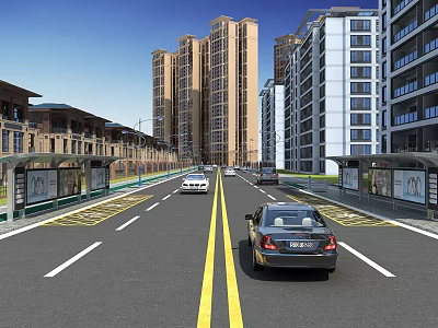 Urban Road Facilities Featuring Bus Stops Lane Markings And Vehicles Near High Rise Buildings 3d model