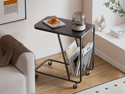 Modern Black Side Table With Wheels And Magazine Rack For Living Room 3d model