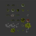 Diverse Plants with Green Leaves Various Shaped Shrubs and Pink Red Flowers on Dark Background