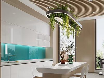 Modern Pantry Interior Design With Hanging Green Plants White Cabinets And Marble Countertop 3d model